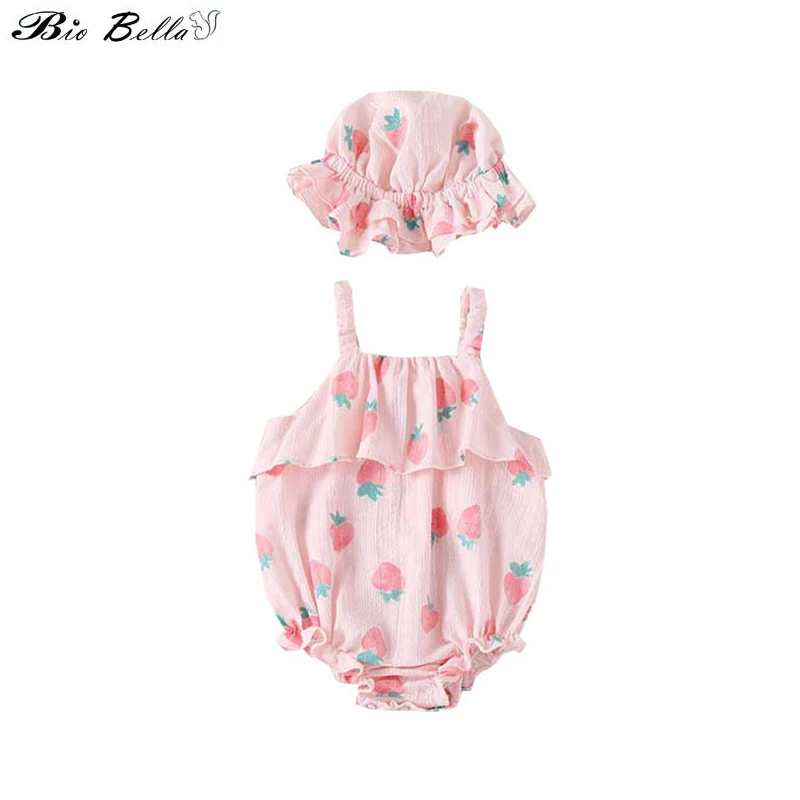 

Baby Girls 2Pcs Summer Outfits Sleeveless Fruit Print Ruched Strap Romper + Headband Girl Set