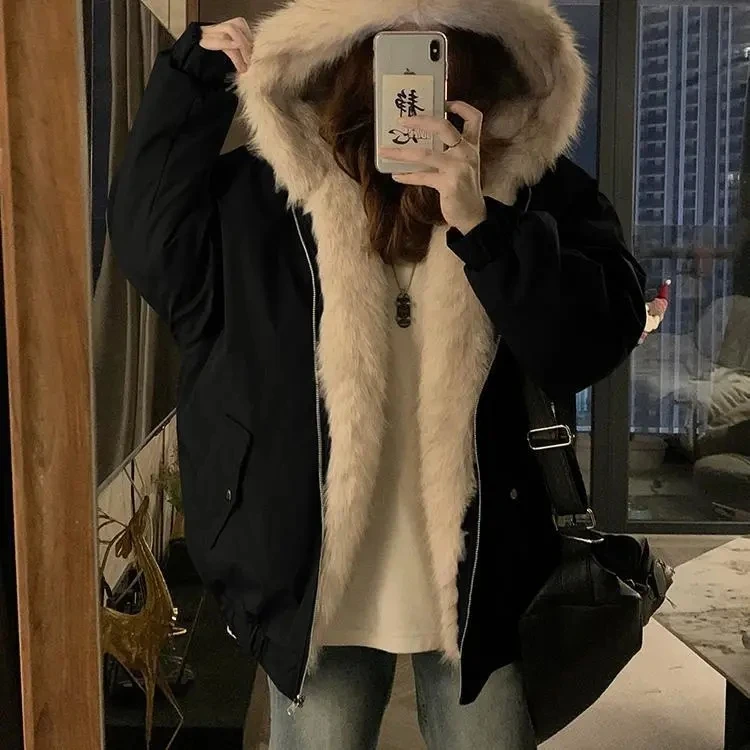 على الوجهين معطف الفرو الدافئ الخريف الشتاء فضفاض رشاقته أفخم القطن معطف 2025 جديد إمرأة مقنعين تقليد فرو المنك أبلى #5