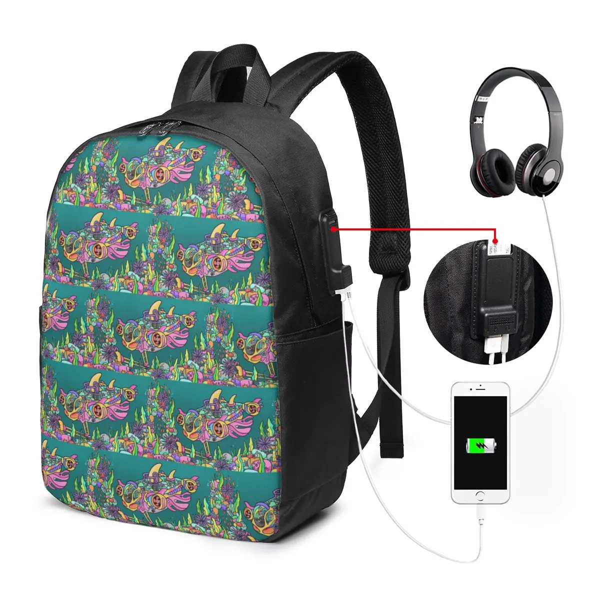 Cartoon Submarine Underwater World Backpack Travel Notebook Bag Computer College Student School Bag Laptop Shoulder Bags