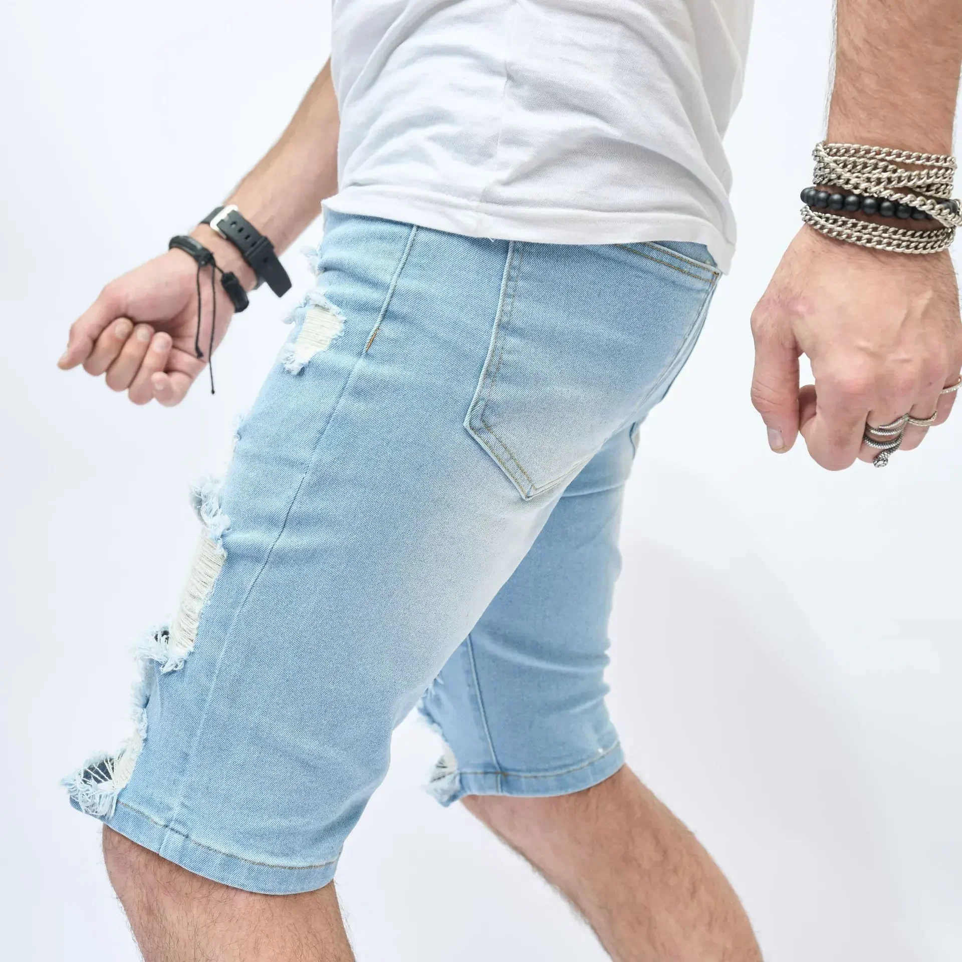 Men Summer Streetwear Slim fit Ripped Denim Shorts Stylish Holes Solid Casual Straight Jeans Male Five-point Pants