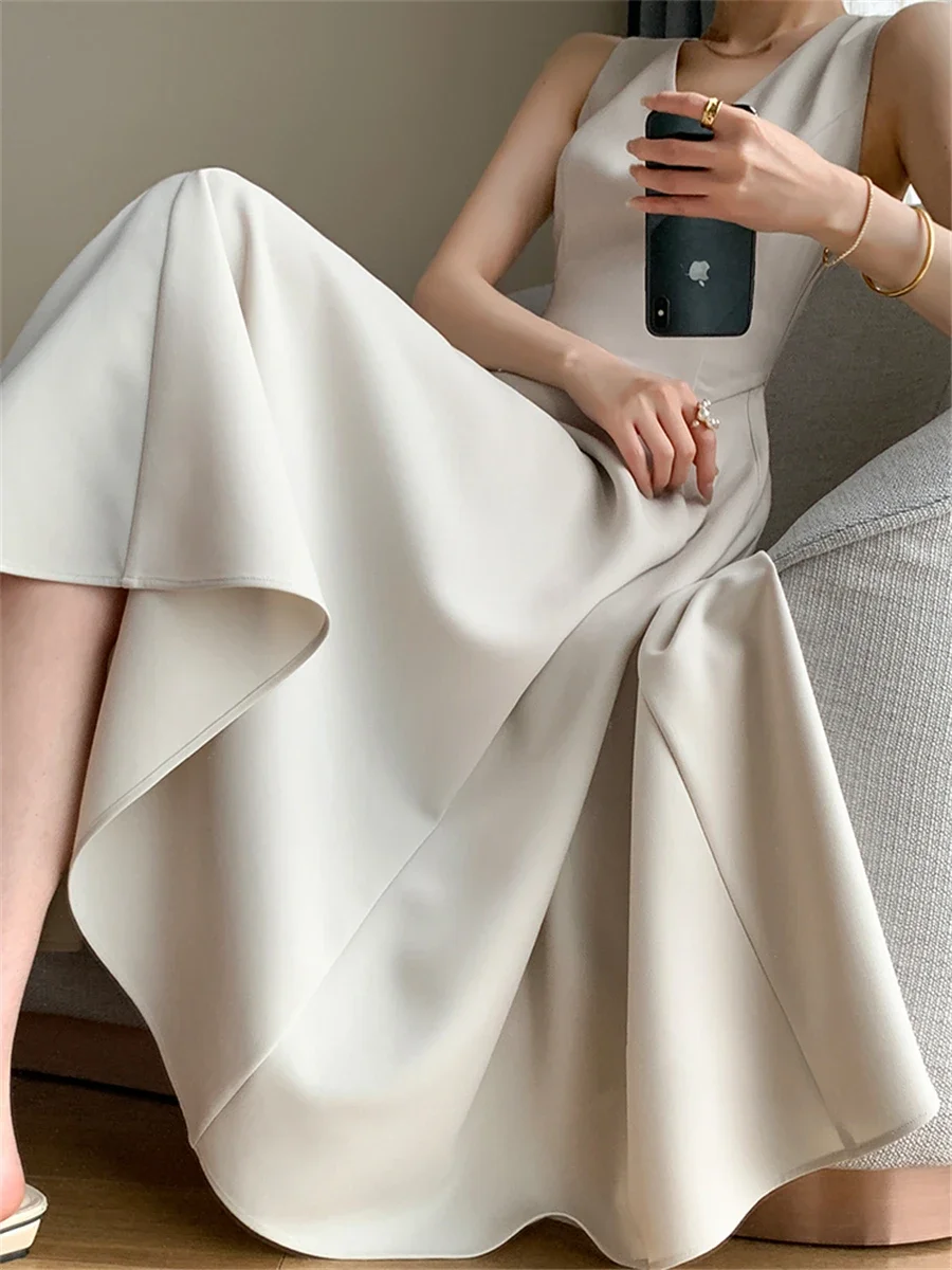 우아한 브이넥 민소매 A라인 선드레스, 슬림 포켓, 이브닝 파티 드레스, 여성용 미디 원피스, 2023 여름 신상