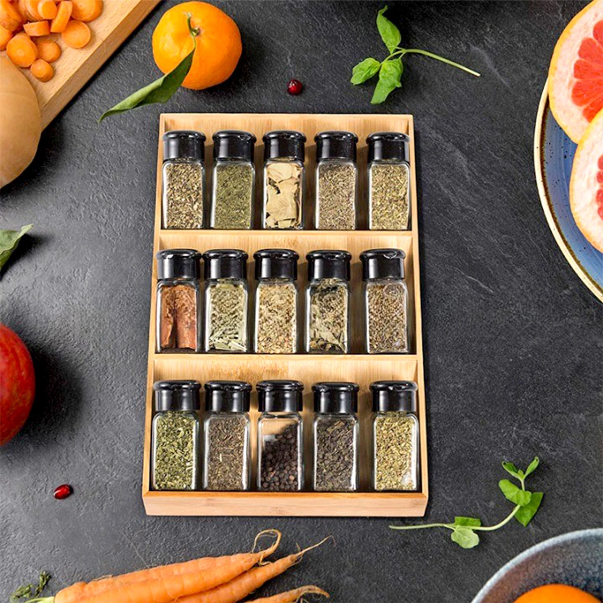 Bamboo Drawer Spice Rack,Countertop 3 Tier Storage Rack For Kitchen Counter,Shelves, Kitchen Organizer And Storage