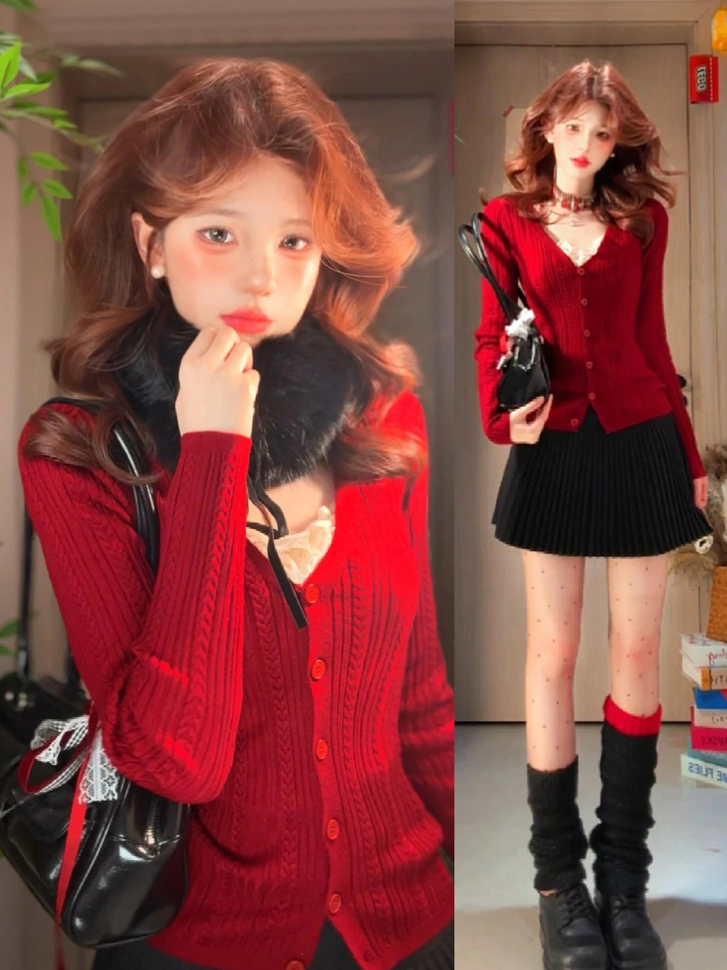 

Red V-Ne Knitwear Sweater for Women Sweet Sle Slim Fit Long Sve New Year Celebration Faionable Spring Early Season