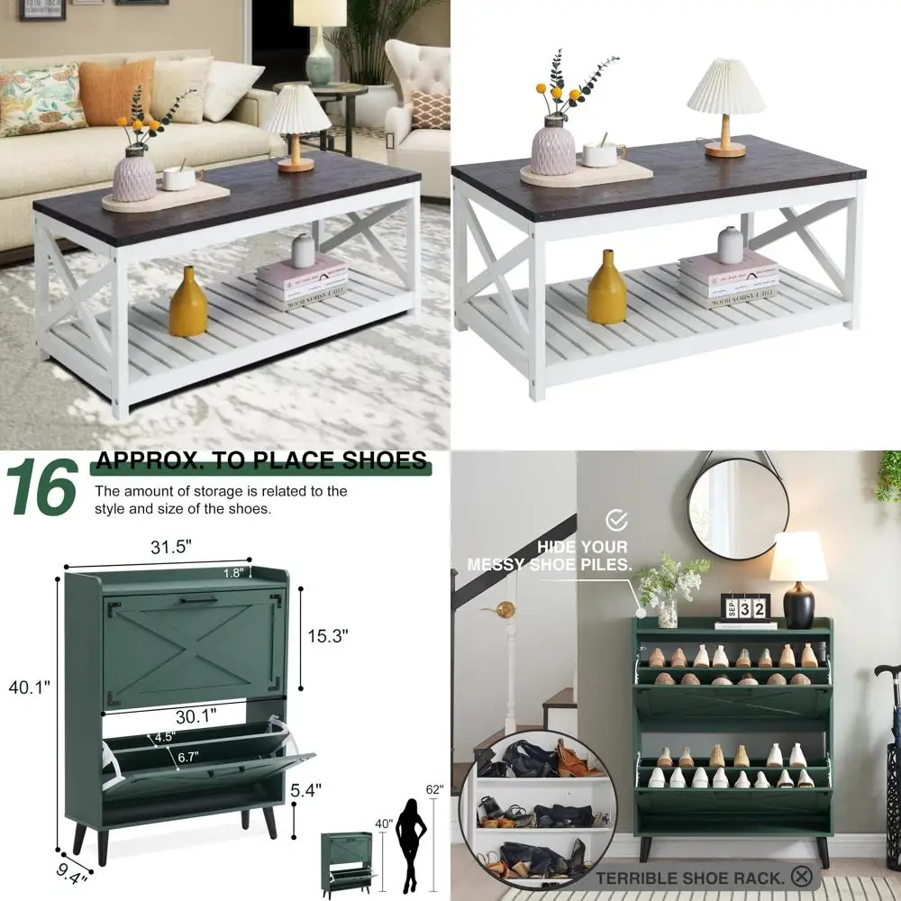 

Vintage White and Espresso 40-Inch Farmhouse Coffee Table with Slatted Shelf and Corner Guards