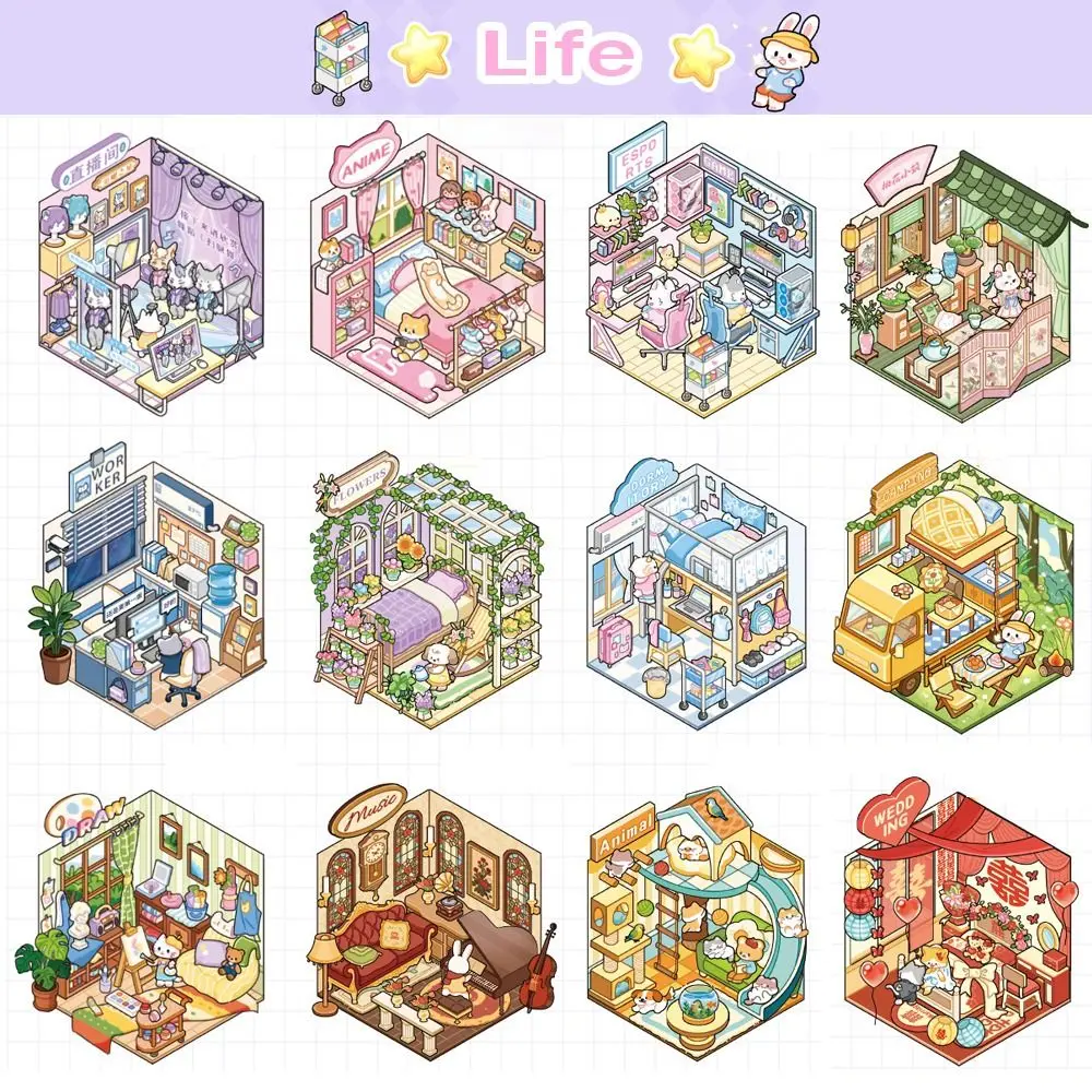 Fun PET Die-Cut Scene Sticker Decompression Visual Stacking 3D Cabin Scene 3D Scenery Stacking Sticker Scene Creation