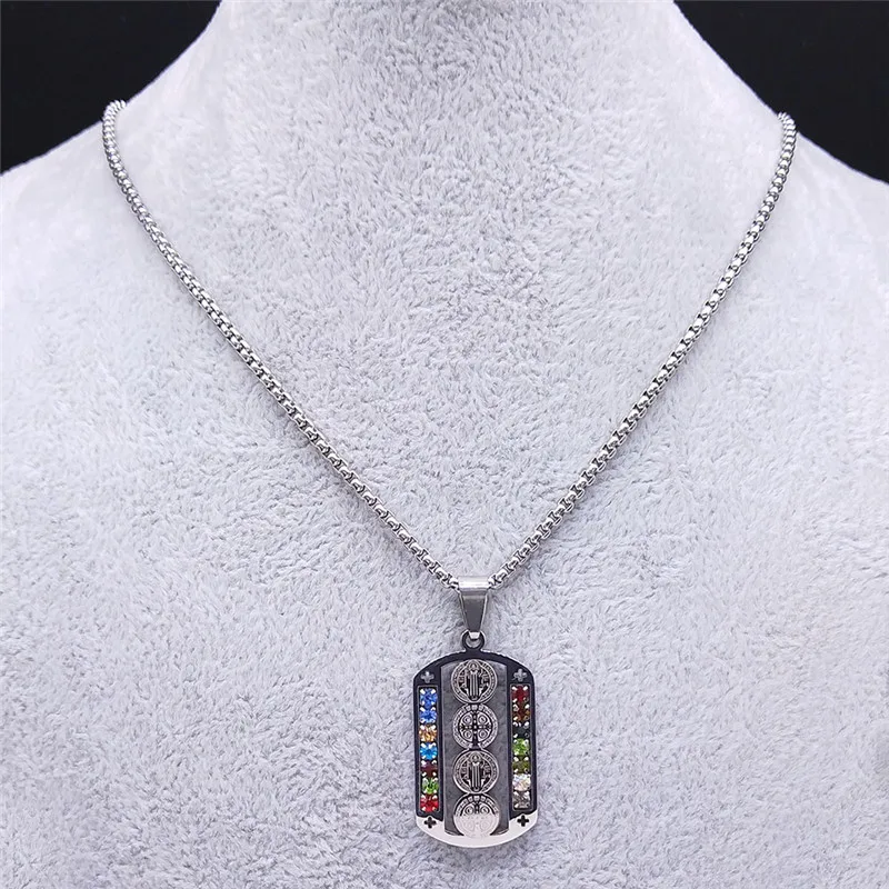 Edelstahl Klassische Katholische Jesus-Kreuz-Halskette Heiliger Benedikt Kristall Jungfrau Maria Anhänger Kruzifix Herren-Halsketten Schmuck – Detail 5