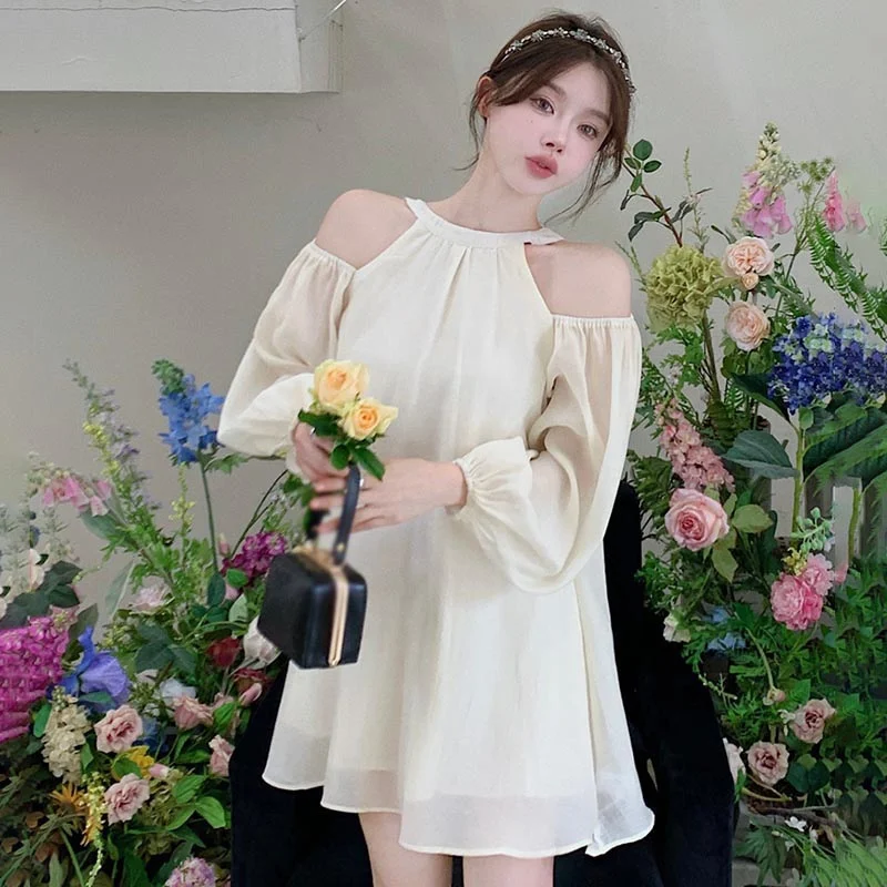 Evening dress Hanging neck dress Women's dress Off shoulder Solid color Elegant Loose fitting Unique Hanging neck