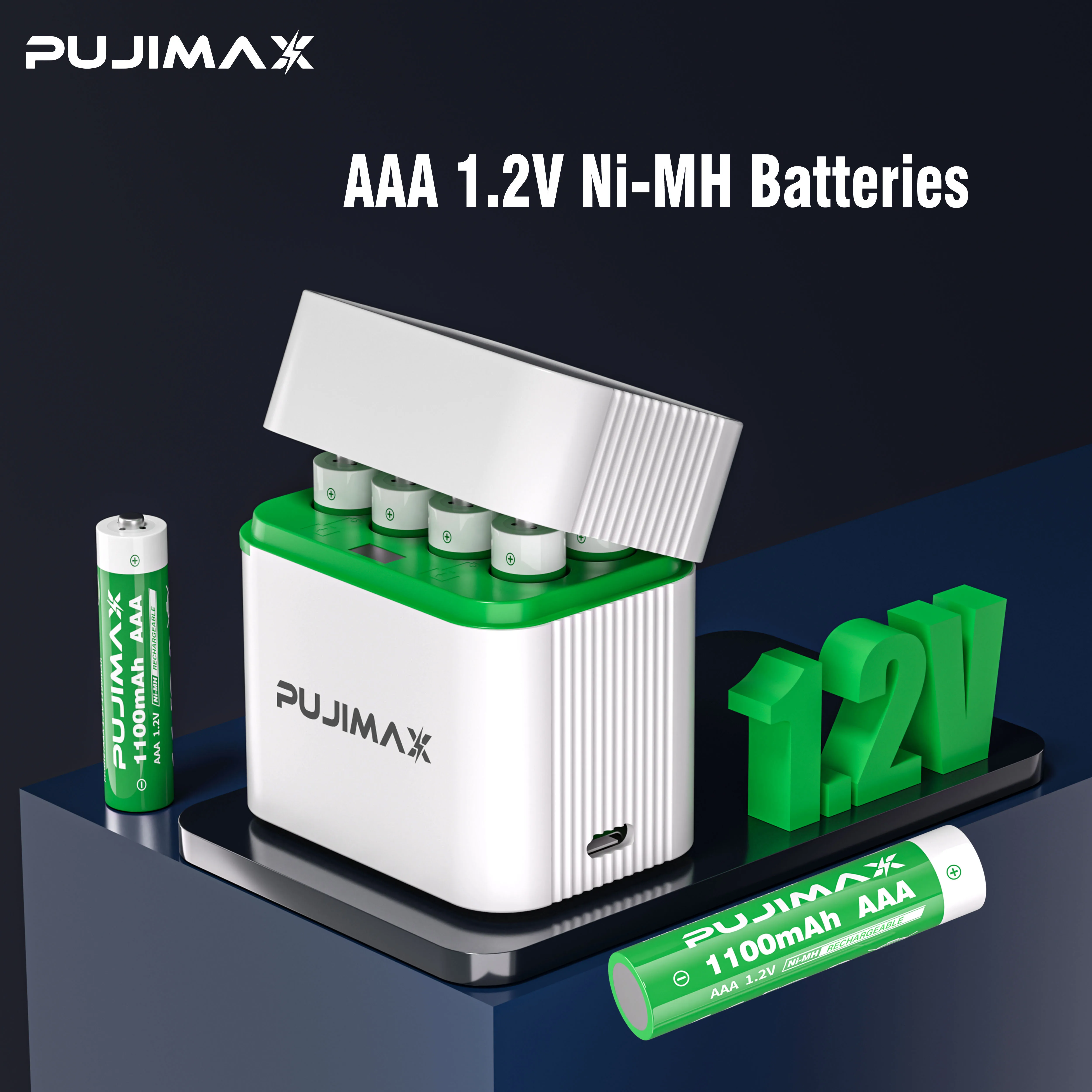 PUJIMAX 1.2V AAA 1100mAh Rechargeable Ni-MH Battery With Smart Battery Charger Compartments Charger Set