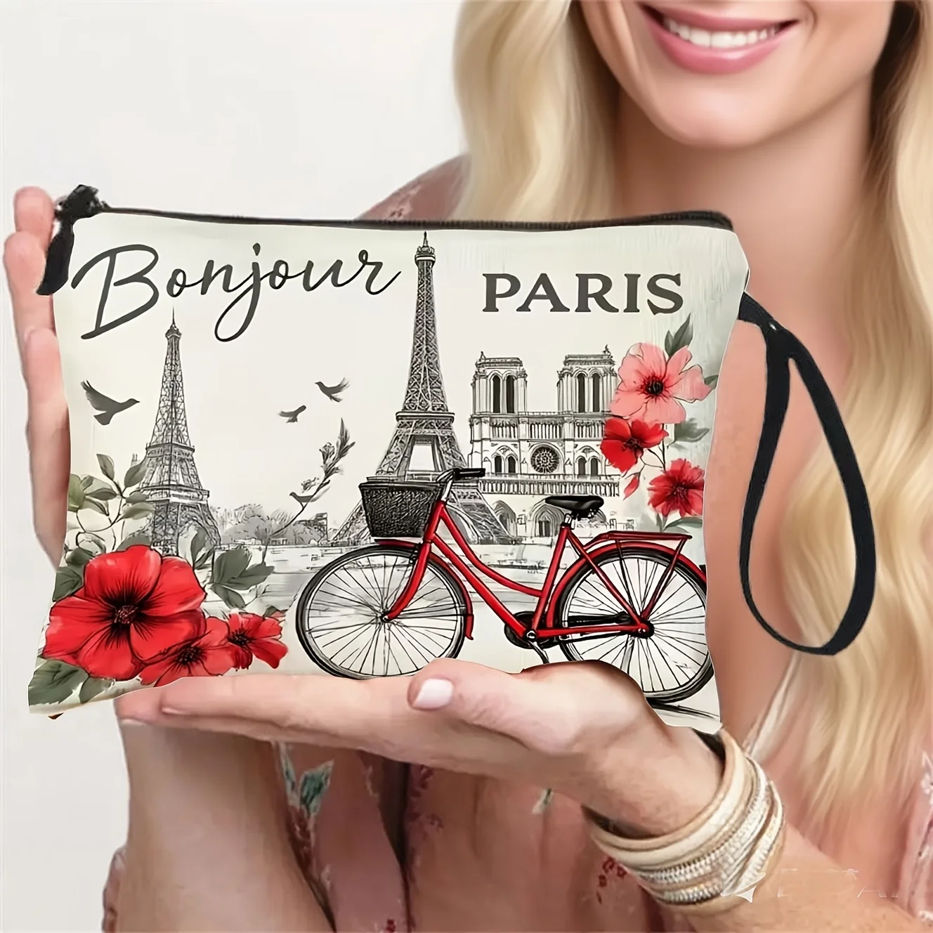 Parisian Landscape Art Style Makeup Bag | Zippered Medical Pouch Lightweight Foldable Storage Bag Multi-functional Travel Cos