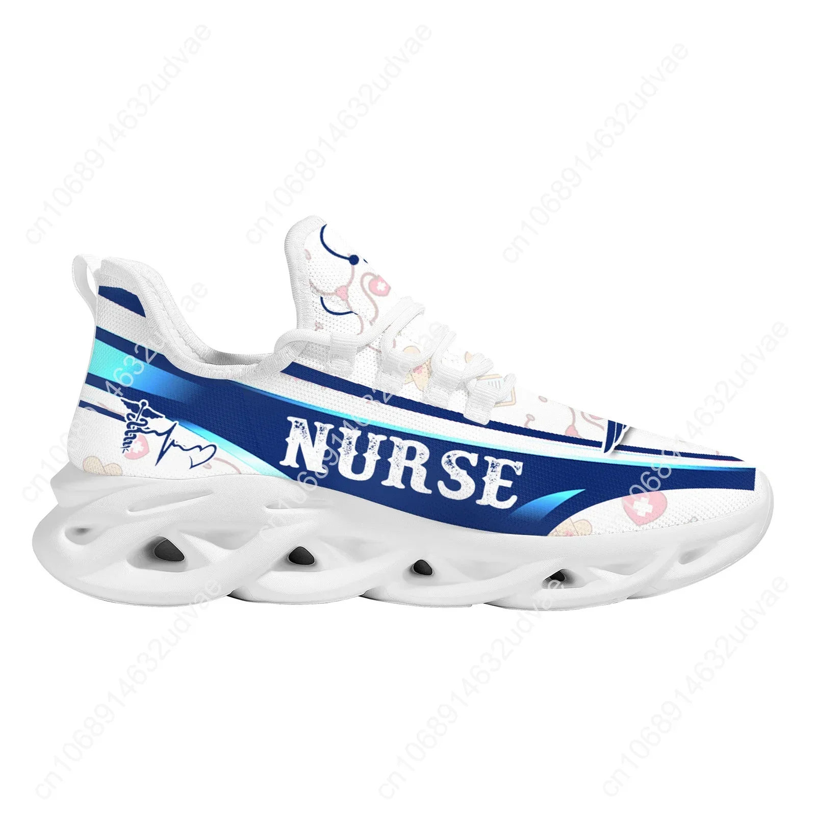 White Ladies Nurse Print Summer Knit Platform Shoes Lightweight And Breathable Lace-up Blade Sneakers Medical Shoes