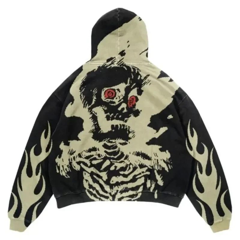 Y2K American Street Fashion Brand Dark Skull Digital Print Casual Loose Pullover sweatshirt  men clothing  hoodies  hoodie bape