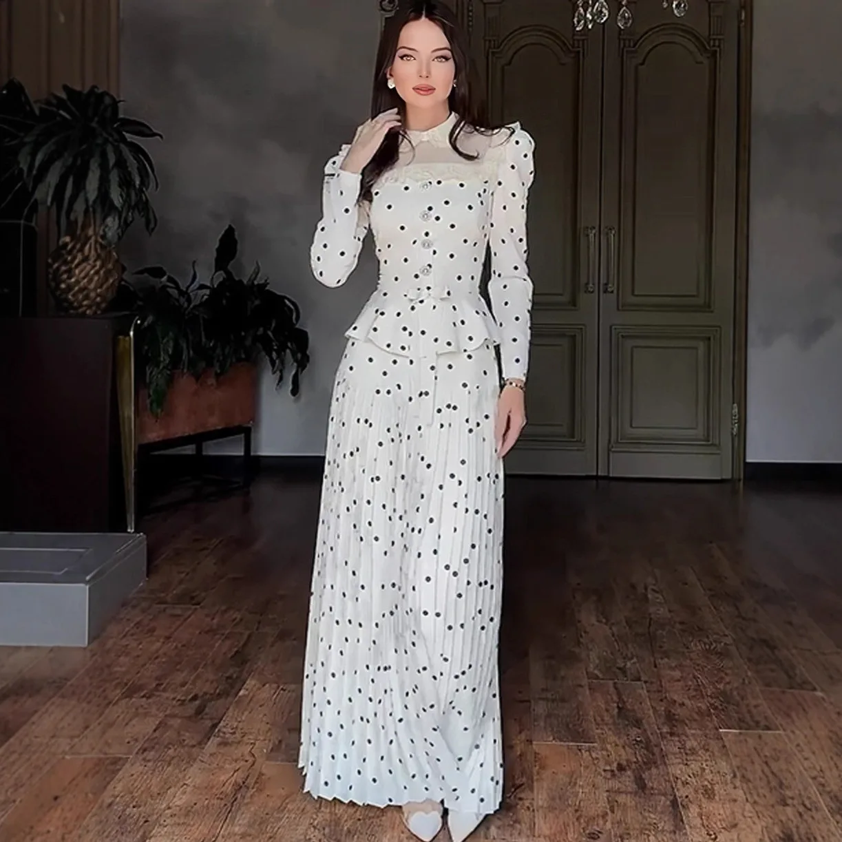 

Spring Polka Dot Maxi-Dress 2-Piece Set Vintage Peplum Shirt +Pleated Skirt Elegant Retro Party & Formal Occasion Outfit