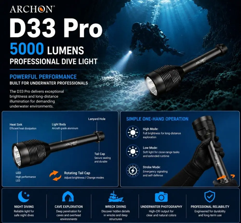 ARCHON D33 Pro 5000 Lumen Professional Diving Light