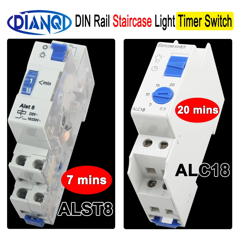 

DIN Rail Timer Switch for Staircase Lighting Controller ALC18 1-20 Minutes Interval 18mm Single Module ALST8 1-7 minutes