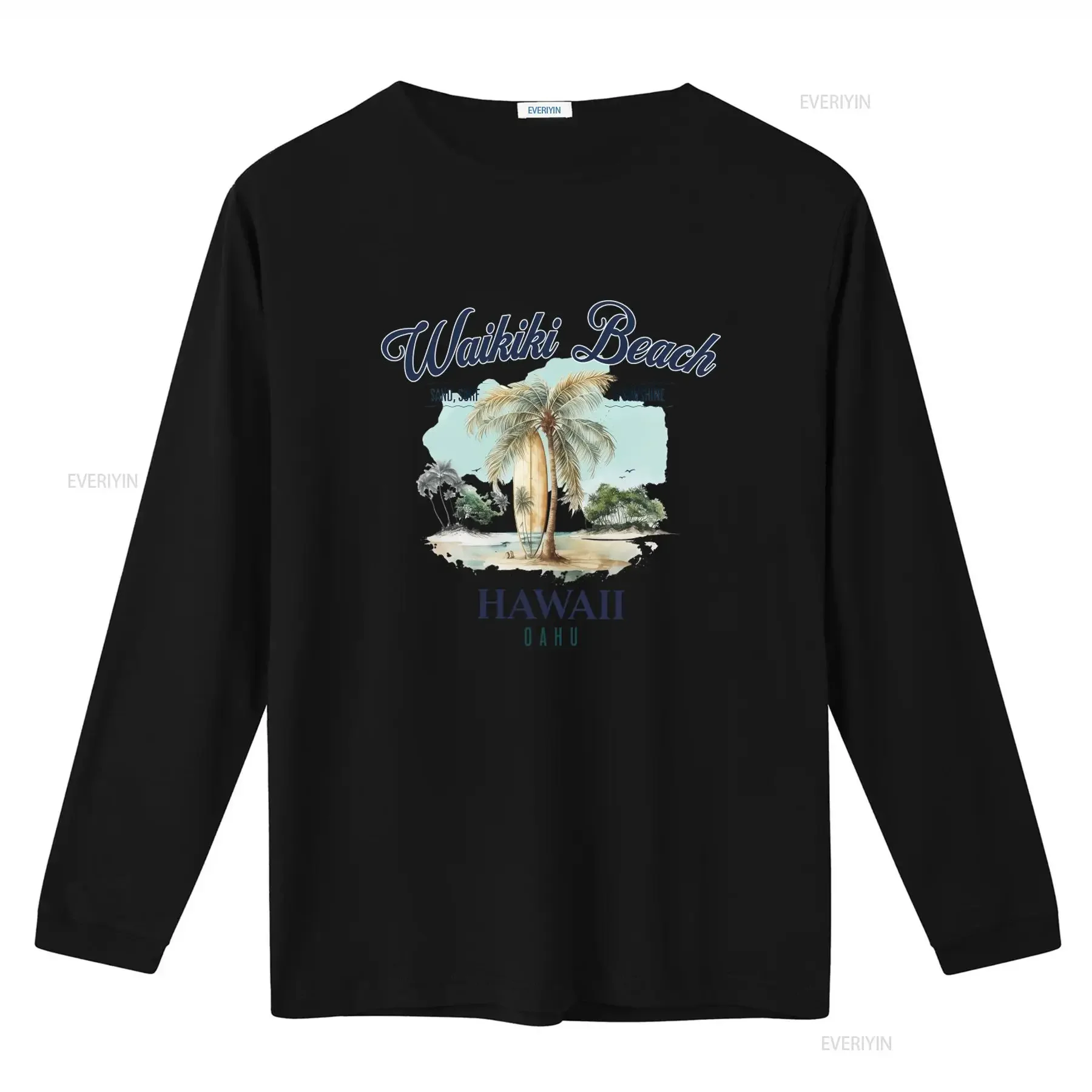 Waikiki Beach T shirt Oahu Hawaii Surfing Design with Palm Tree Sand Surf Sunshine Print vintage Washed Versatile Casual Unisex