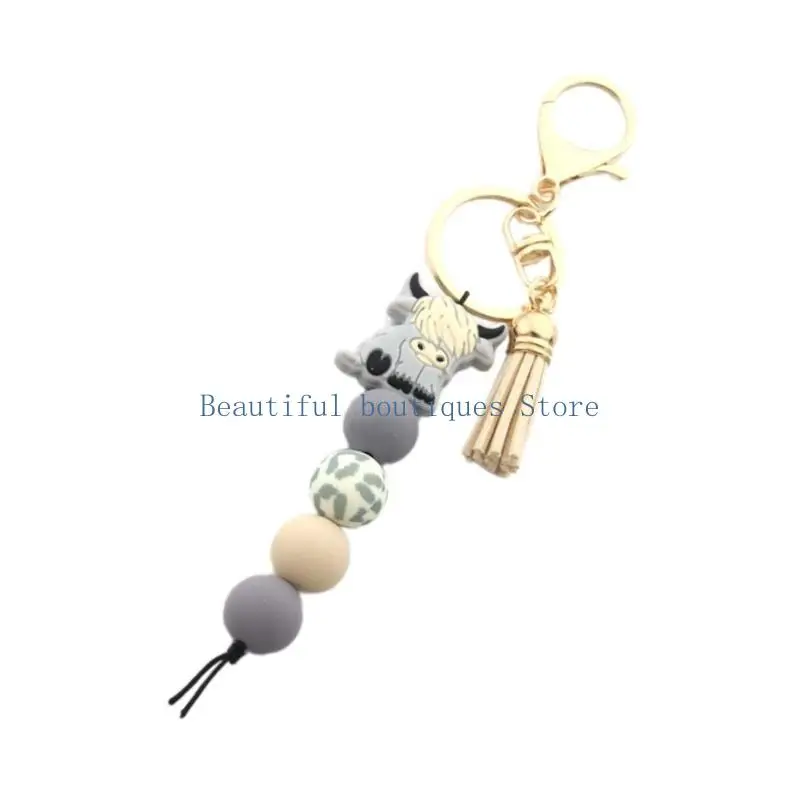 U4LF Highland Cow Keychain with Tassels Silicone Bead and Animal Keyring Bag Pendant