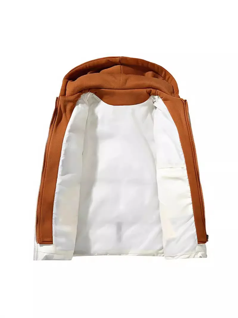 الرجال الشتاء وهمية قطعتين أسفل سترة رشاقته الدافئة التباين اللون رجل ملابس خارجية موضة طويلة الأكمام مقنعين الذكور ملابس خارجية