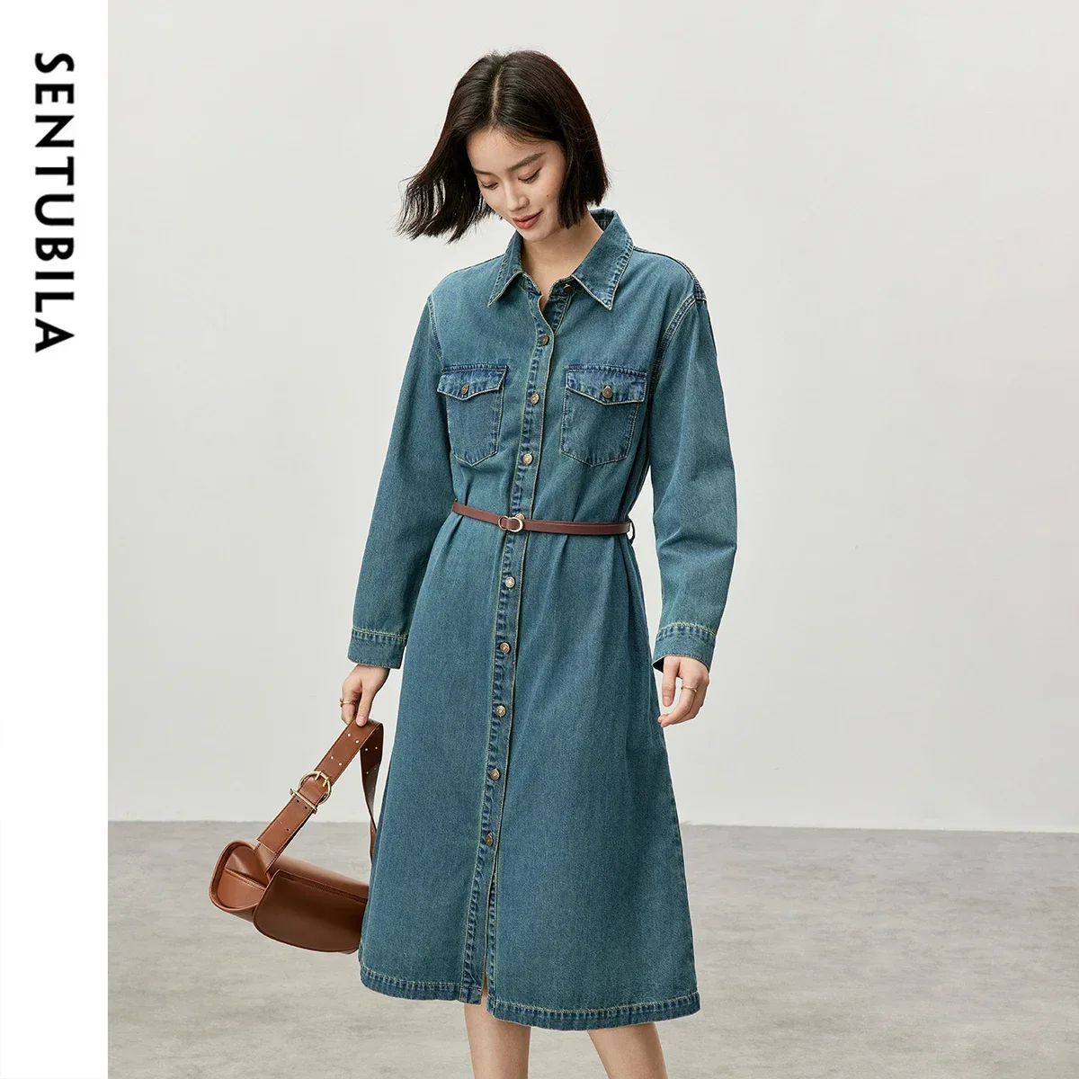 SENTUBILA femmes Vintage Denim chemise robe 2025 printemps automne simple boutonnage longue a-ligne Jean robes dames vêtements W43L57317