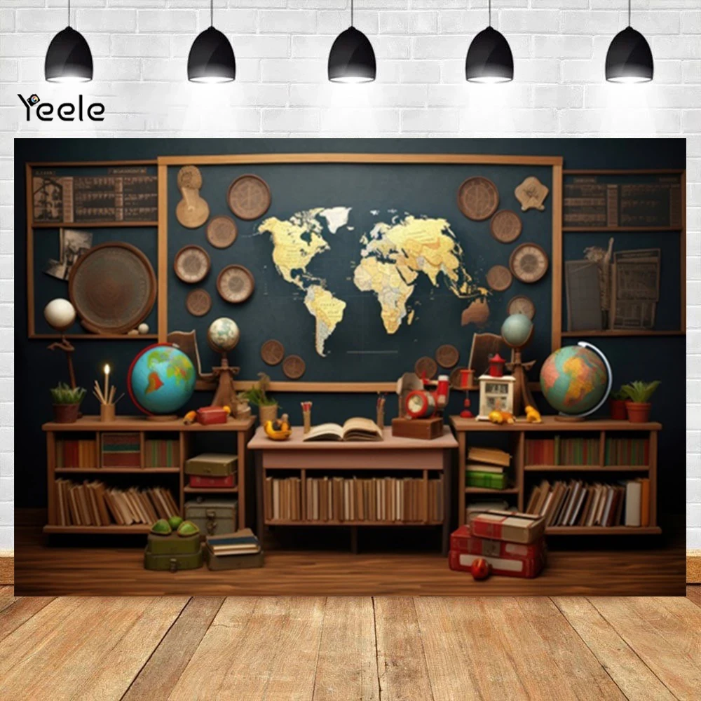 Globe Bookshelf Photography Background Kindergarten Kids Study Astronomy Bookshelf Wallpaper Backdrop Back to School Party Decor