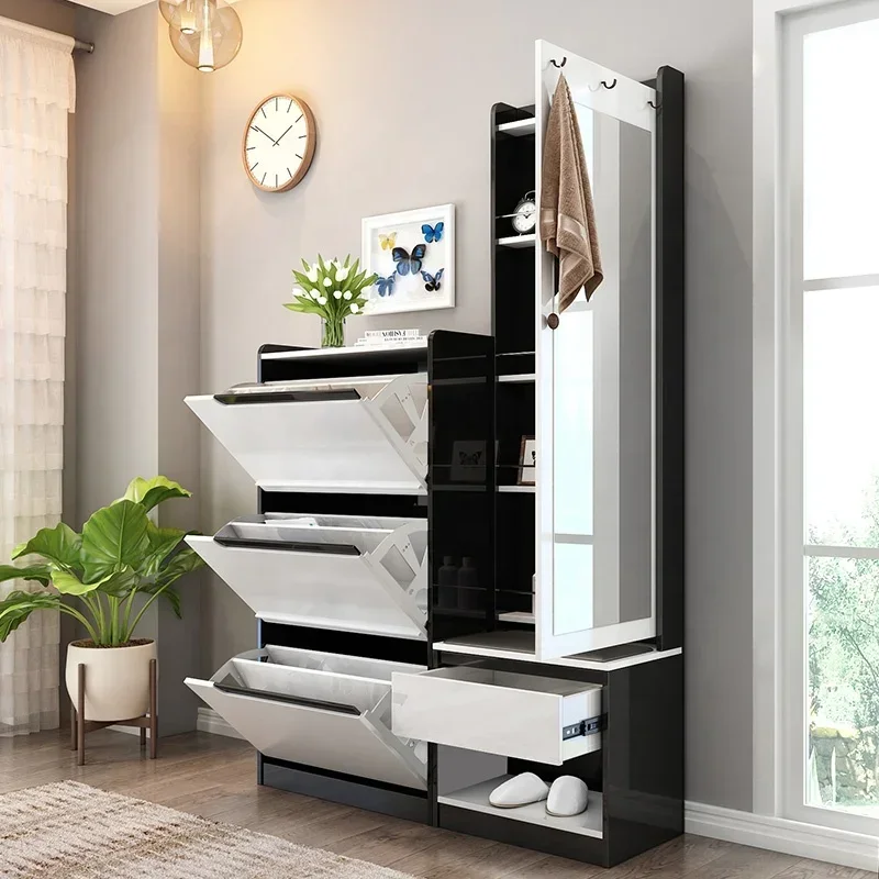 Gabinete de lujo para sala de estar, muebles modernos, estante de almacenamiento en blanco y negro, zapatero con espejo