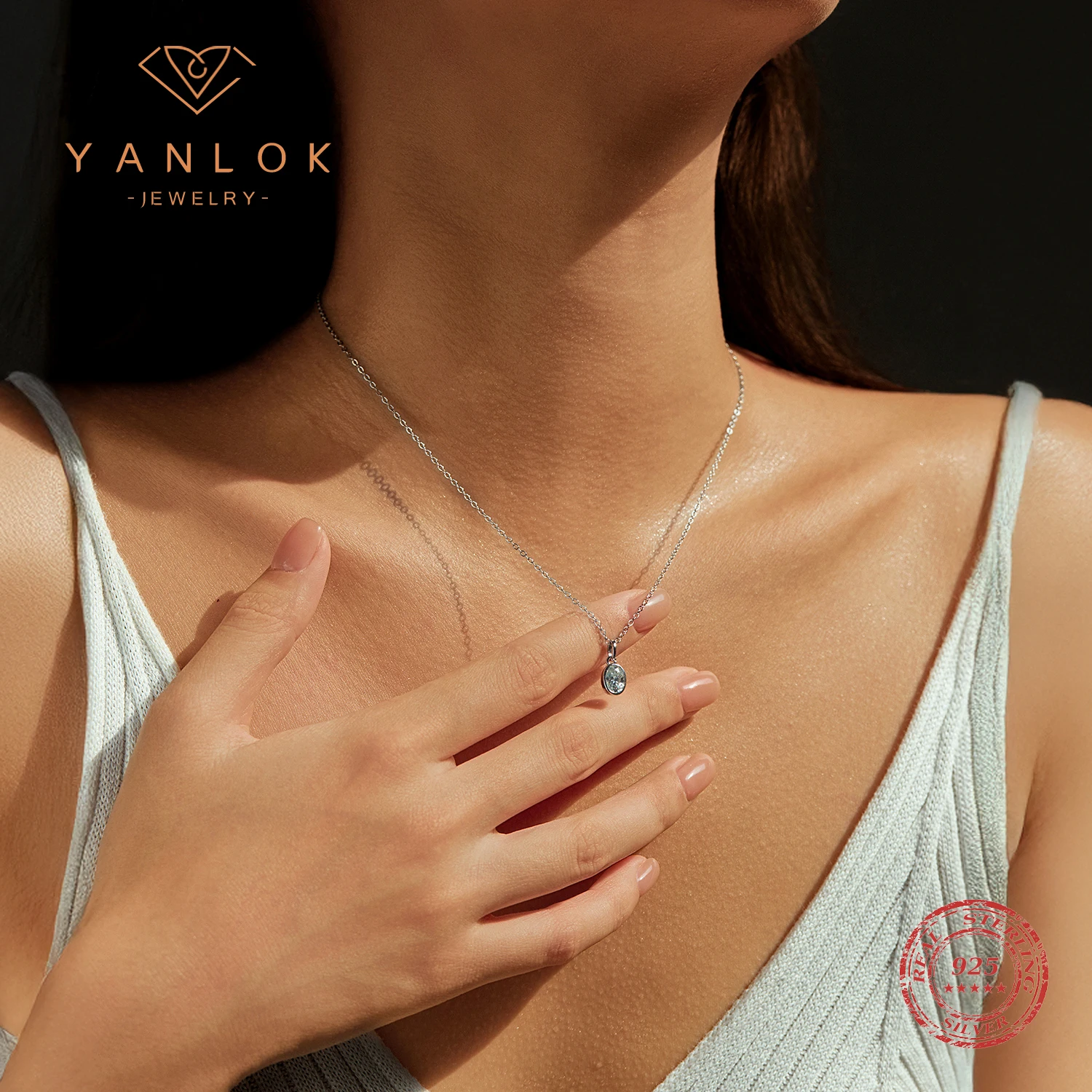 YANLOK 925 Sterling Silver Classic 6 Styles Moissanite Pendant Necklaces Simple Link Chain Necklace For Women Fine Jewelry