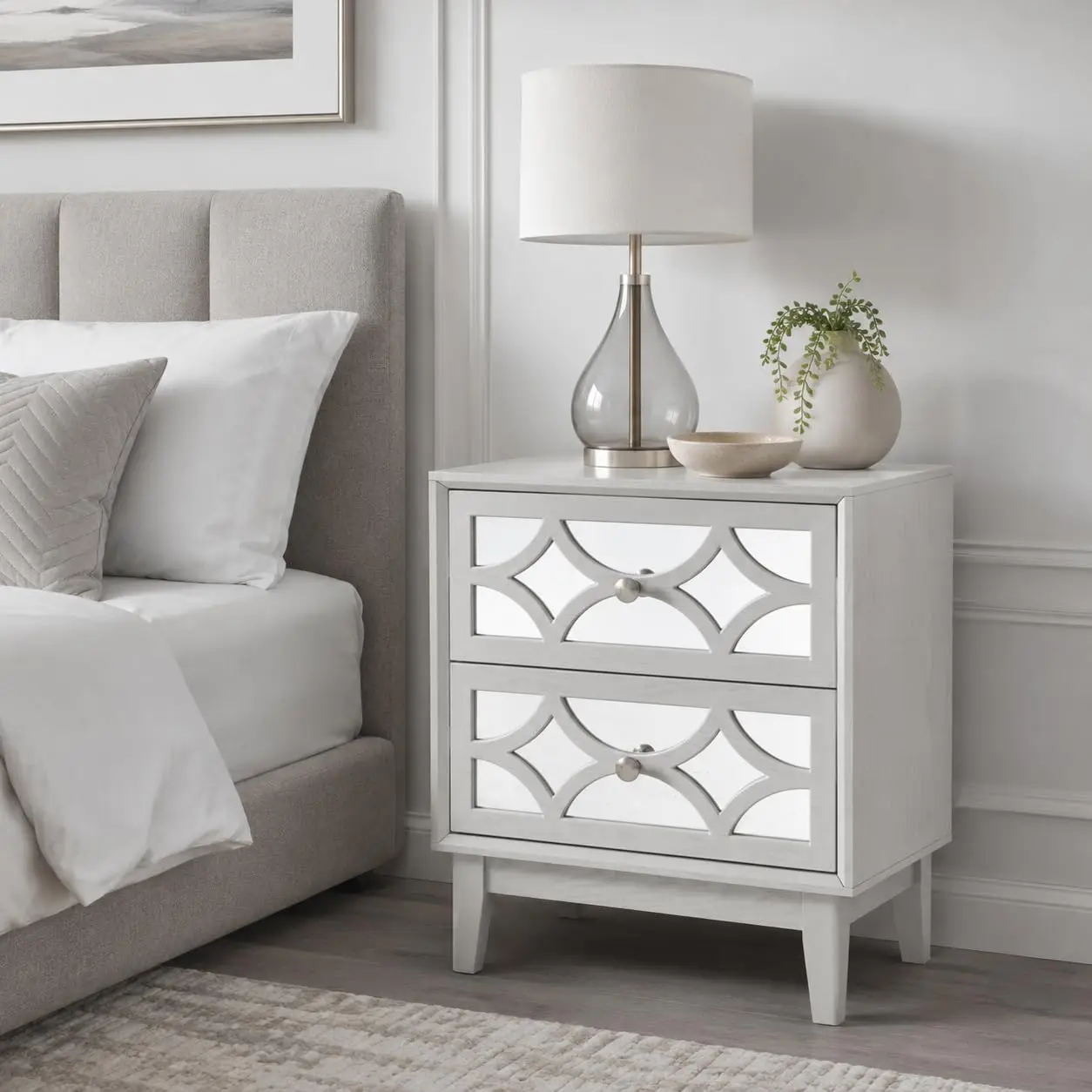 2-Drawer Nightstand with Front Mirror in Light Gray, Customized