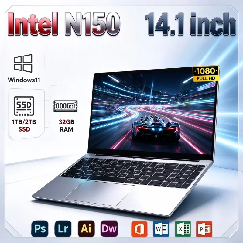 2026 Trend 14.1 Inch Notebook PC Windows 11 Intel N150 32GB RAM 2TB SSD Lightweight Laptop For Study Office Casual Gaming