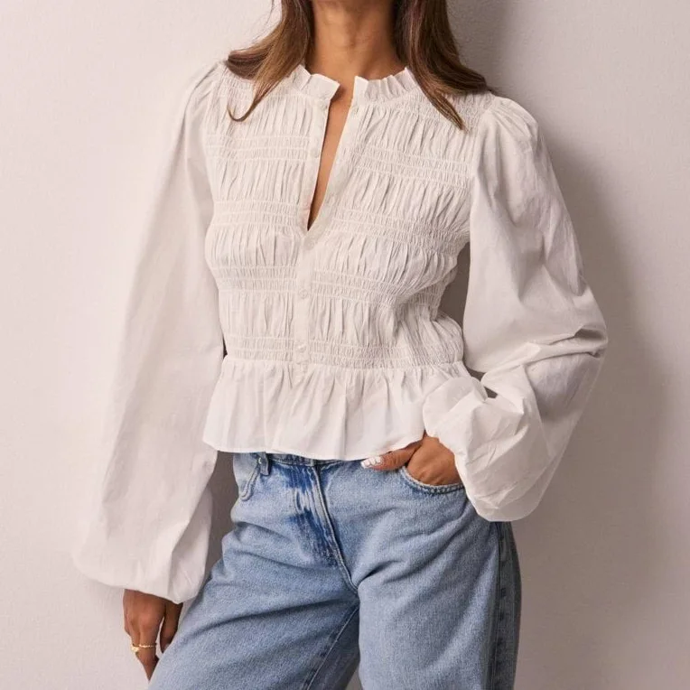 Camicia cardigan slim fit con bottoni versatili casual tinta unita da donna con top con maniche a sbuffo