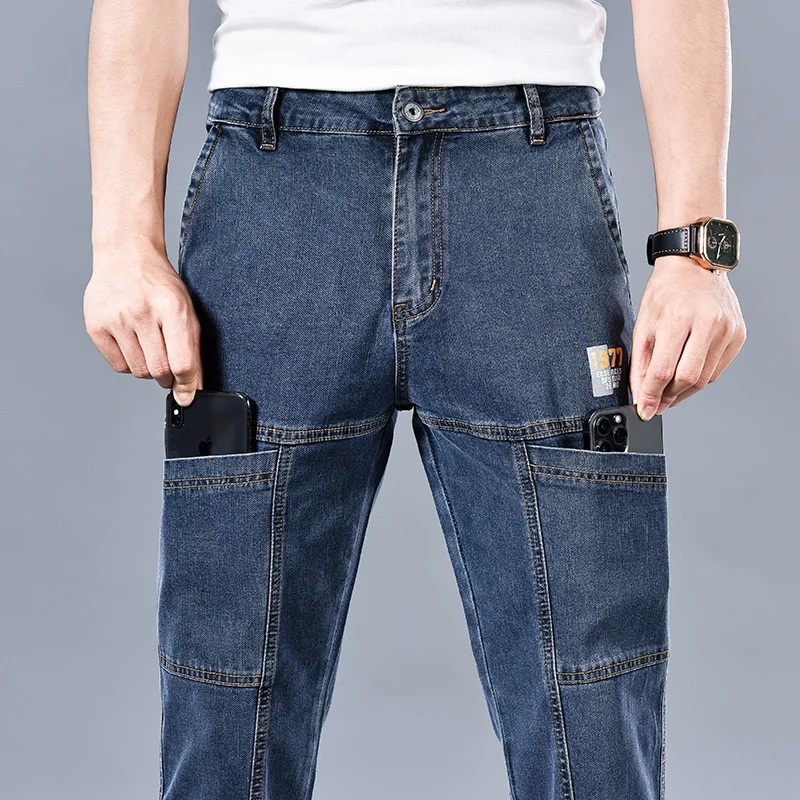 

2024 Men's Summer Fashion Men's Jeans Multi-pocket Splicing Straight-leg Casual Denim Trousers Personalized Dark Blue Brand