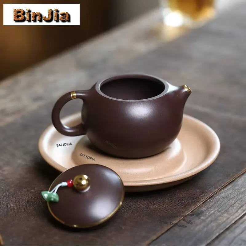 270ml Exquisite Yixing Purple Clay Teapots Handmade Gold Drawing Xishi Pot Raw Ore Purple Mud Kettle With Infuser Zisha Tea Set