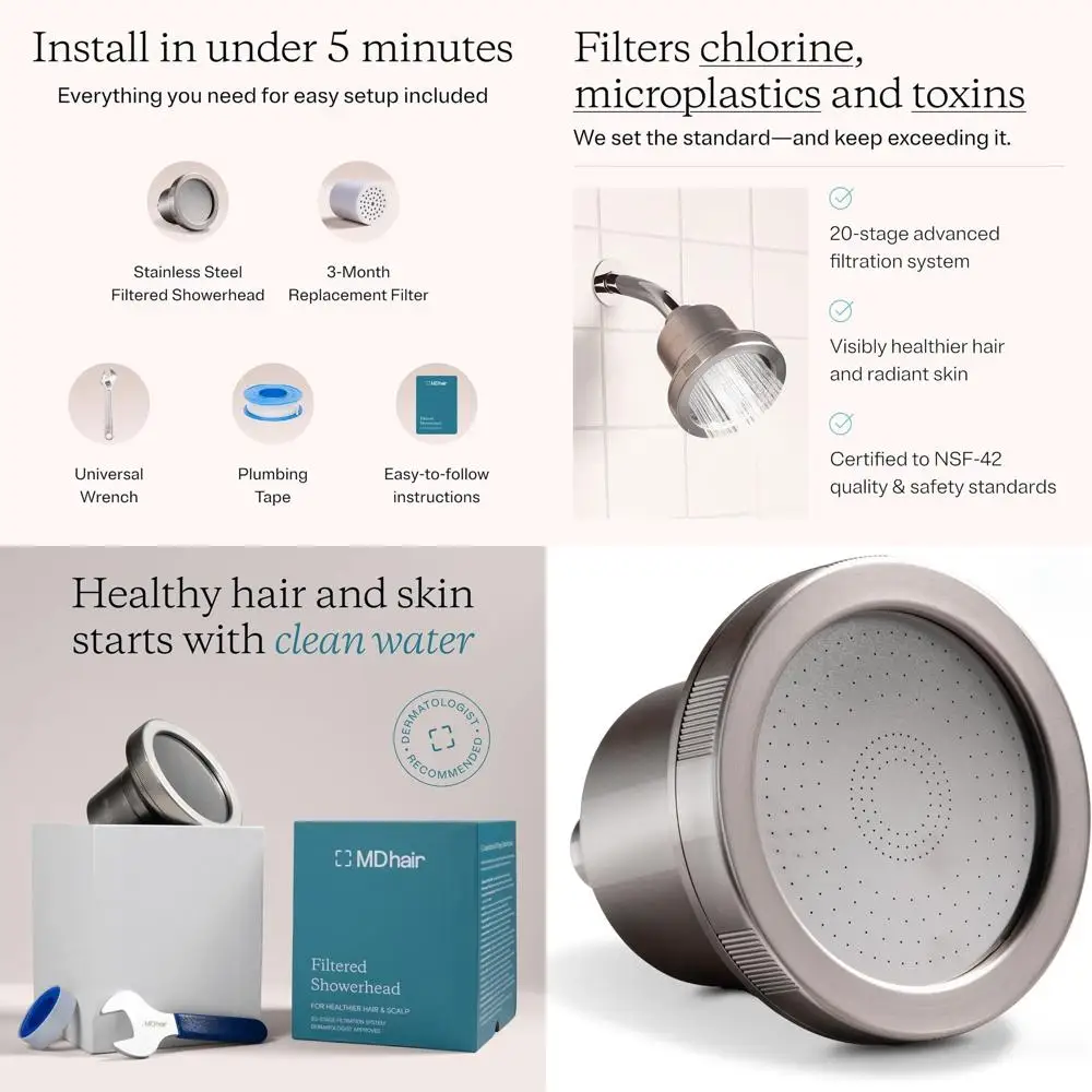 

High-Pressure Shower Filter for Softening Hard Water, Removes Chlorine and Metals for Healthier Hair and Skin