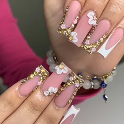 24Pcs Extra Long French Design Wearable Fake Nails Full Cover Press on Nails Tips Art Gold Flower False Nails with Rhinestones
