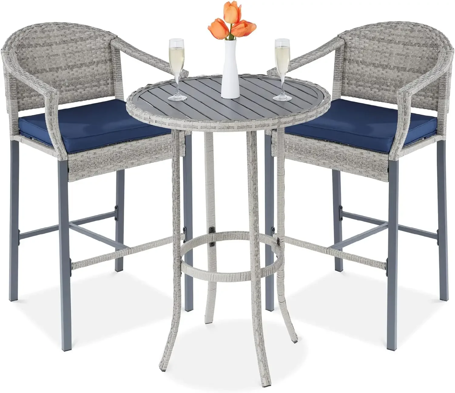 

%a 3-Piece Patio Bar Table Set, Outdoor Wicker Bar Height Bistro Furniture for Backyard, Poolside, Balcony w/Barstools, Cushion