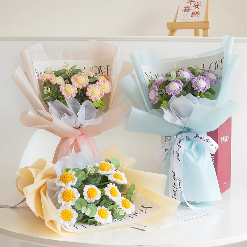 Finished Knitted Flowers Bouquets Little Daisy Crochet Bouquet Creative Gifts For Valentine Mothers Birthday Graduation