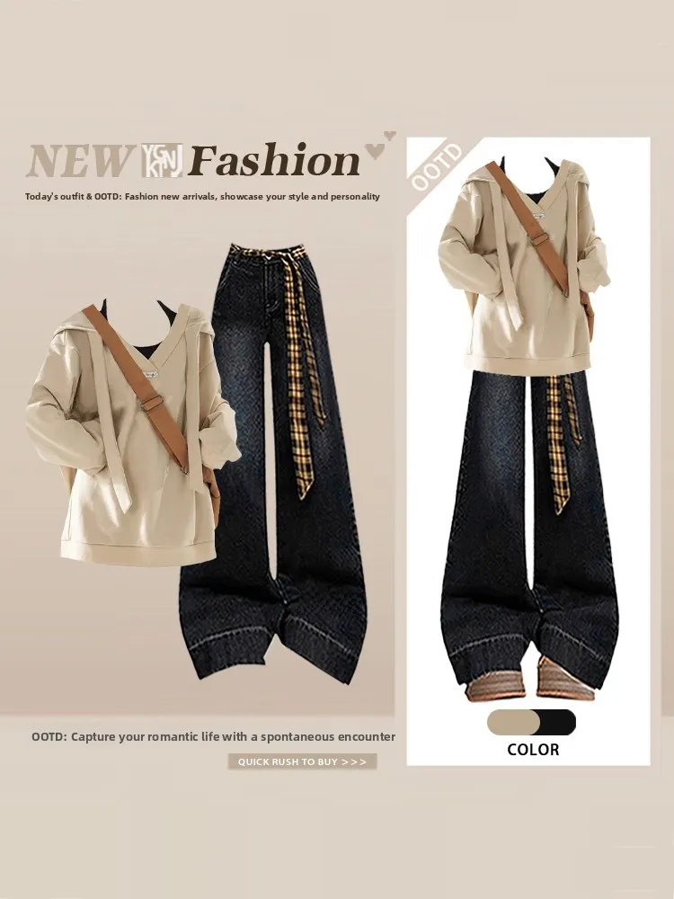 

Korean Style Women's Denim Wide Leg Pants Set Spring Fashion High Waist Long Sleeve Hoodie Outfit Two Piece Set Spring 2026