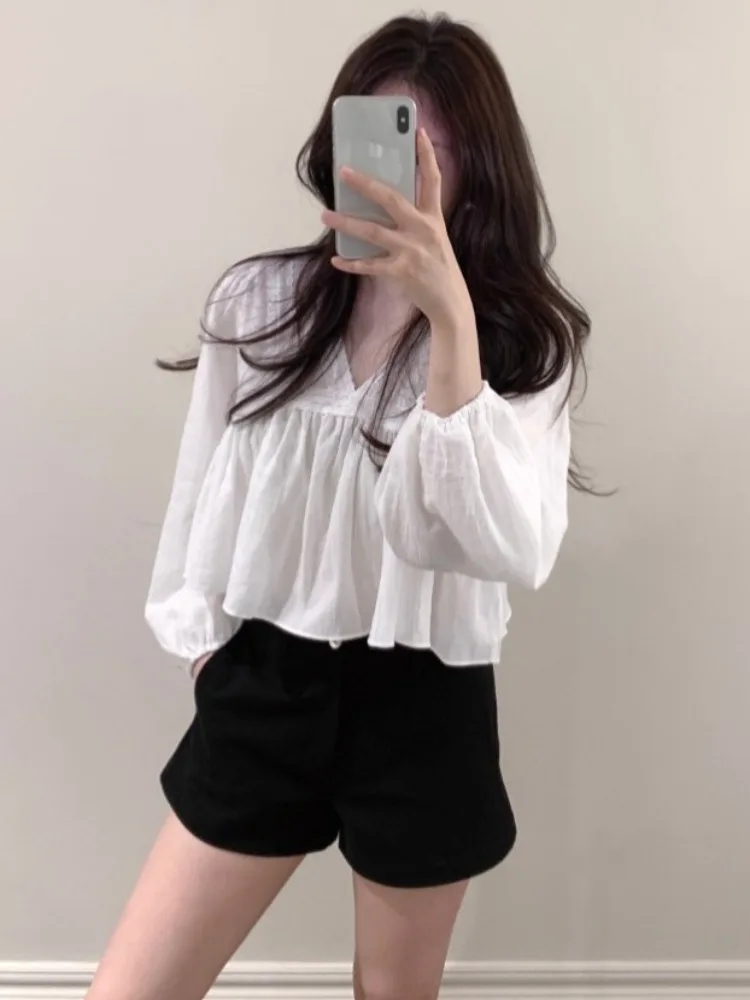 Chic Autumn Fre Gentle V-ne Lace Splicing Design Loose Long Sve ort Sle Women's Chiffon irt Faionable Commute