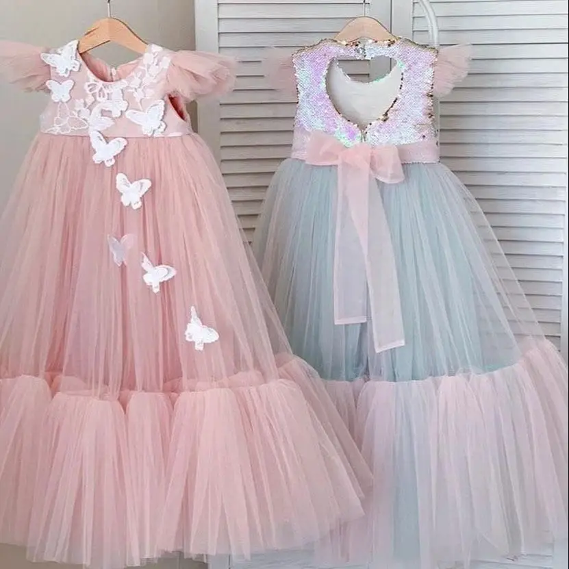 

New Flower Girl Dresses For Wedding Lace Floral 3D Butterfly Puffy Girls Pageant Dress Kids Birthday Gown