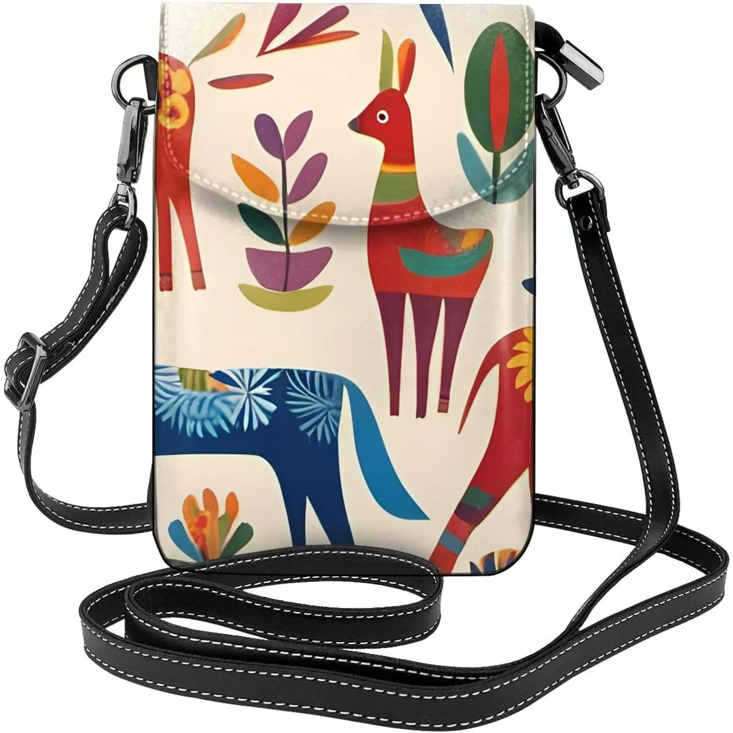 

Cartoon Otomi Animals printing Ladies' mobile phone with leather foreskin, crossbody flip cover, small adjustable shoulder strap
