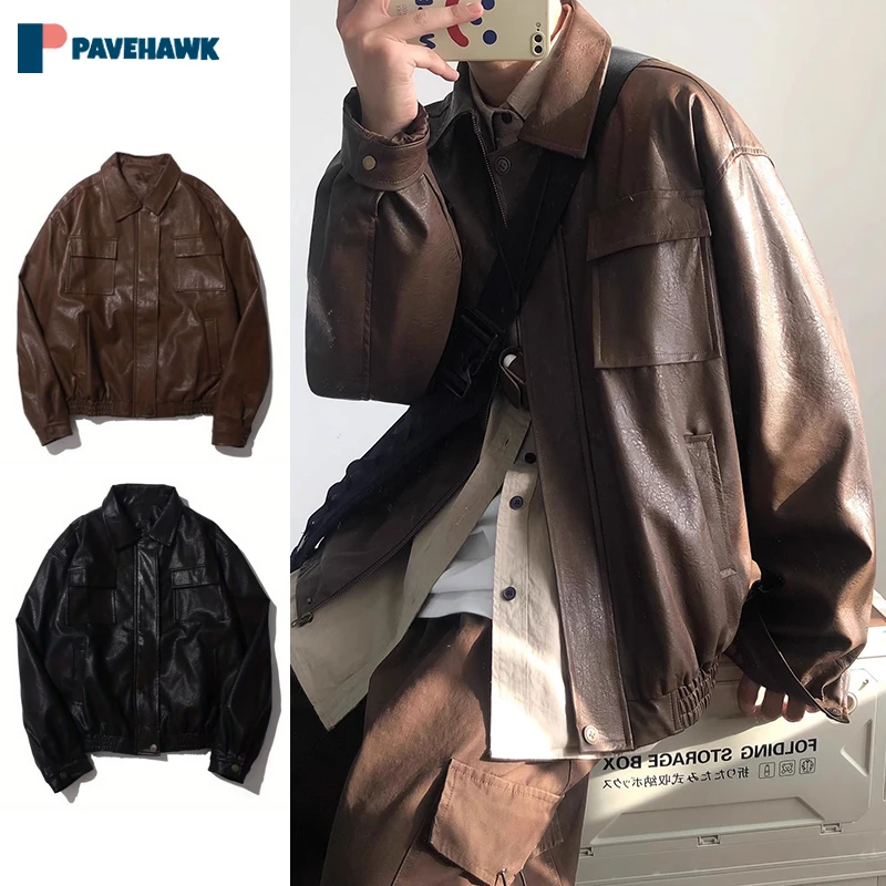 

Autumn Retro Bomber Jacket Men Woman Loose Oversized PU Leather Motorcycle Jackets Japanese Multi Pocket Casual Windbreak Coats