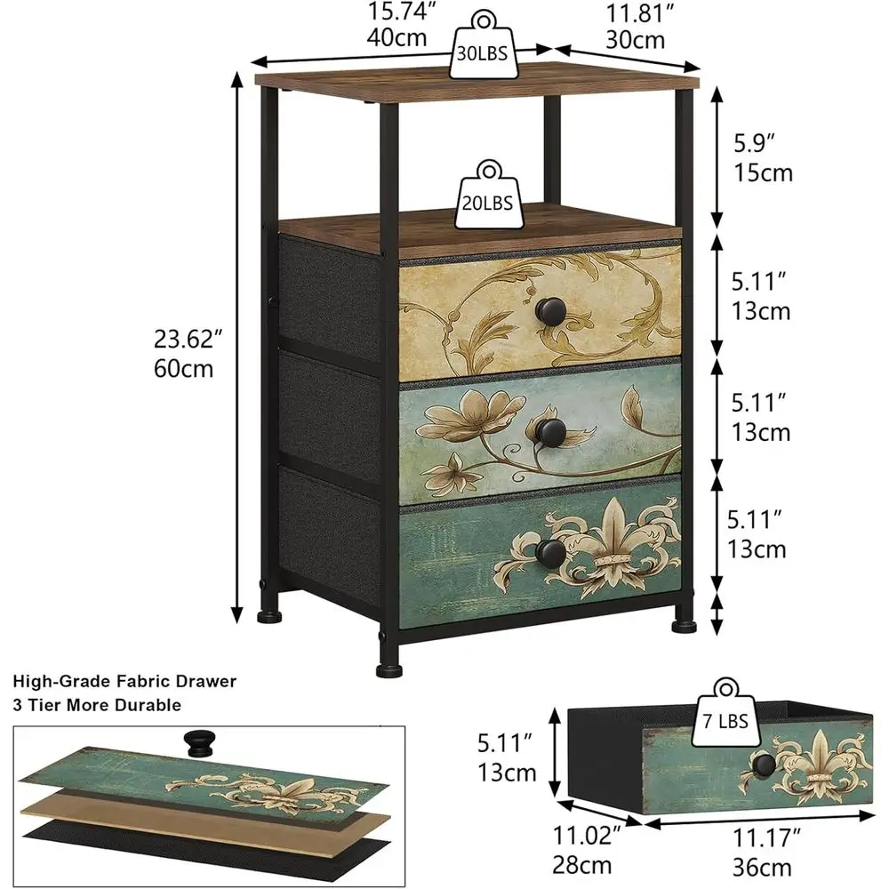Meja Nakas Kain 3 Laci Vintage dengan Rak Penyimpanan, Meja Samping Bergaya Farmhouse untuk Kamar Tidur, Ruang Tamu, Sofa