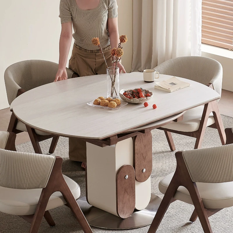 Slate dining table retractable folding round high-end medieval style household small apartment restaurant dining table