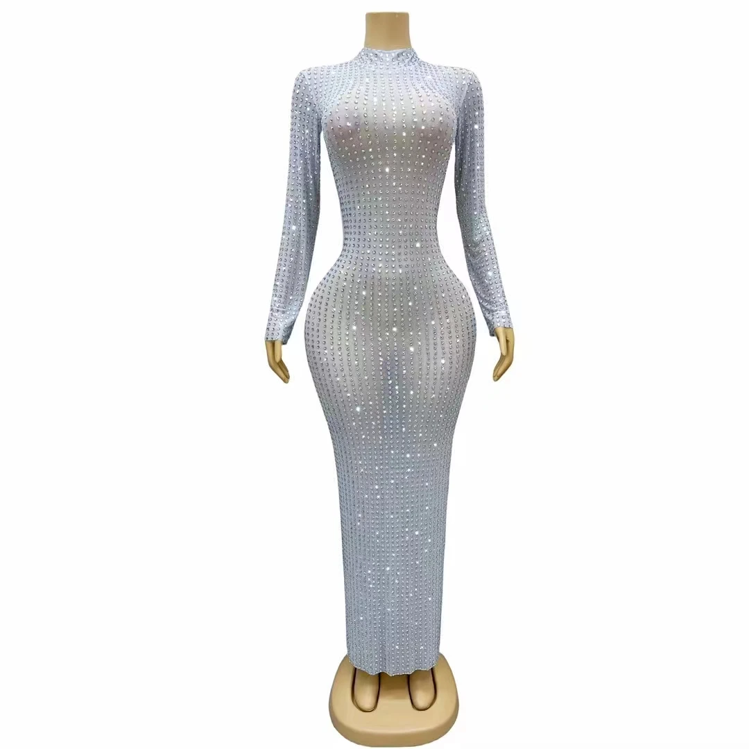 Female Long Dress Mesh Silver Crystals Rhinestones Celebration Wedding Evening Elegant Sexy Slim Performance Clothes Stage Wear