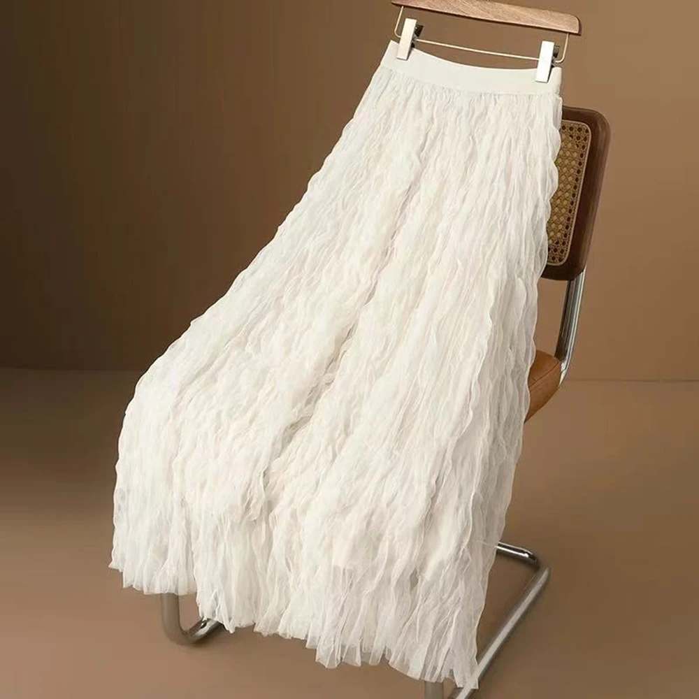 

Элегантная однотонная плиссированная юбка, юбка-миди с высокой талией из сетчатой ткани, новая весенняя женская одежда, нежная, простая, для повседневной носки