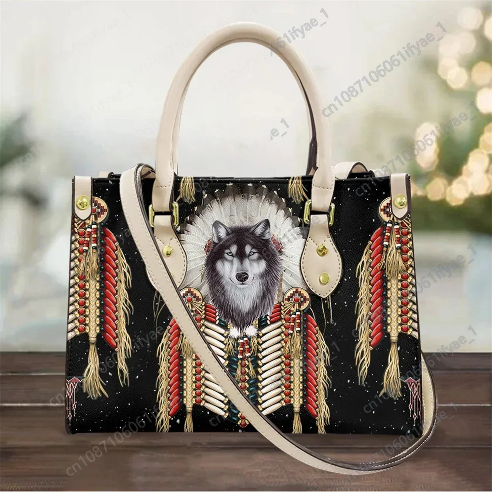 

Black Shoulder Bags and Purses for Ladies Amercian Tribal Wolf Printing Luxury Pu Leather Handbags Teenager Casual Messenger Bag