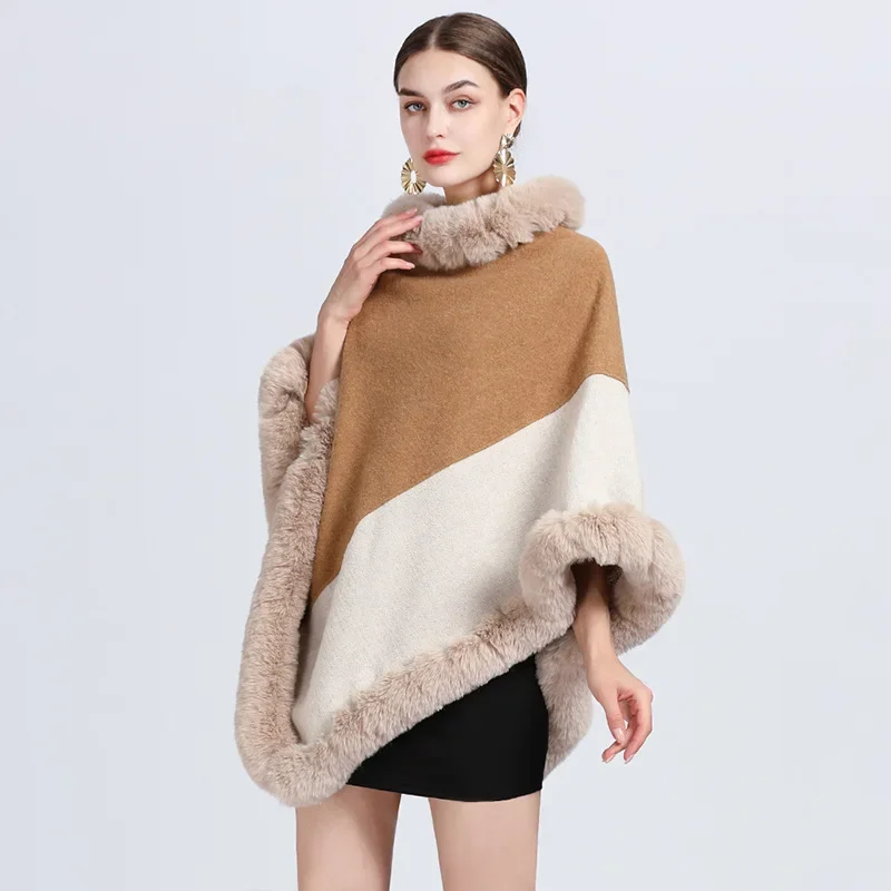 Winter Faux Rabbit Fur Cloak Women Triangle Beige Camel Contrast Color Poncho Fashion Cape Loose Pullovers Outstreet Wear Coat