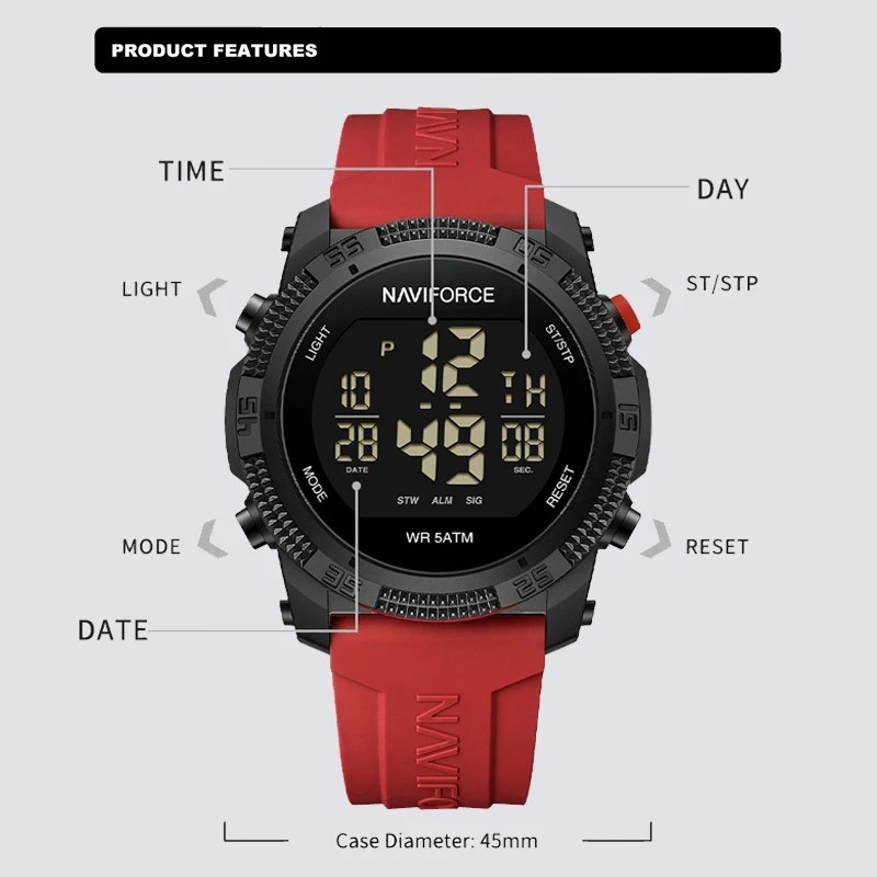 NAVIFORCE New Fashion Men Silicone Band Watch Water Resistant Electronic Calendar Wristwatch Reloj Hombre