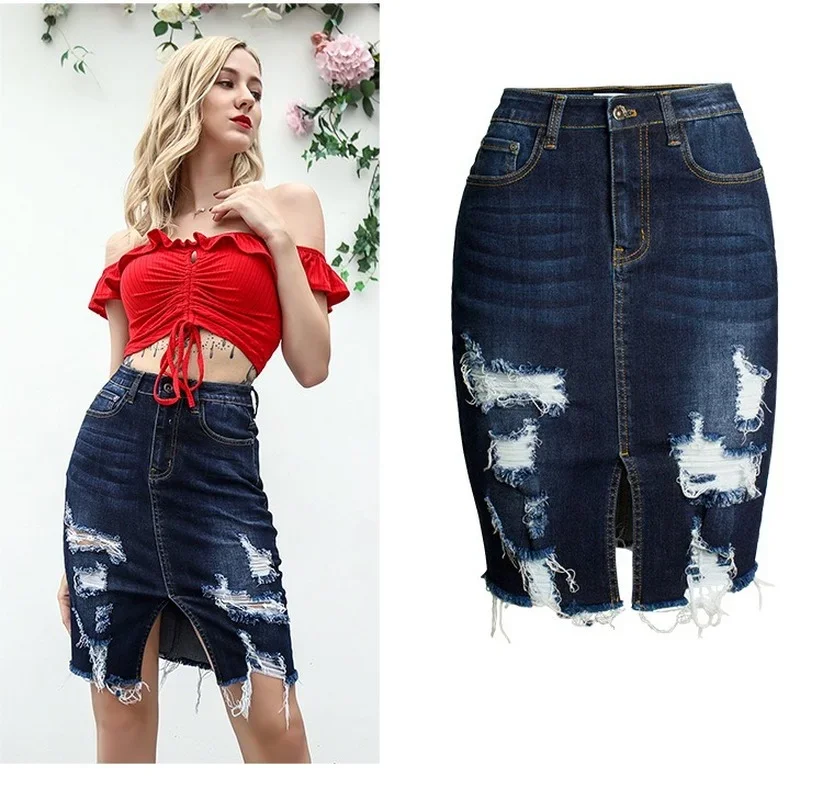 Women Denim Mini Skirt Sexy Slim Ripped Holes Fashion Jean Skirt Jean Skirt Y2k Goth Streetwear Skirts for Woman 2023 Clothes