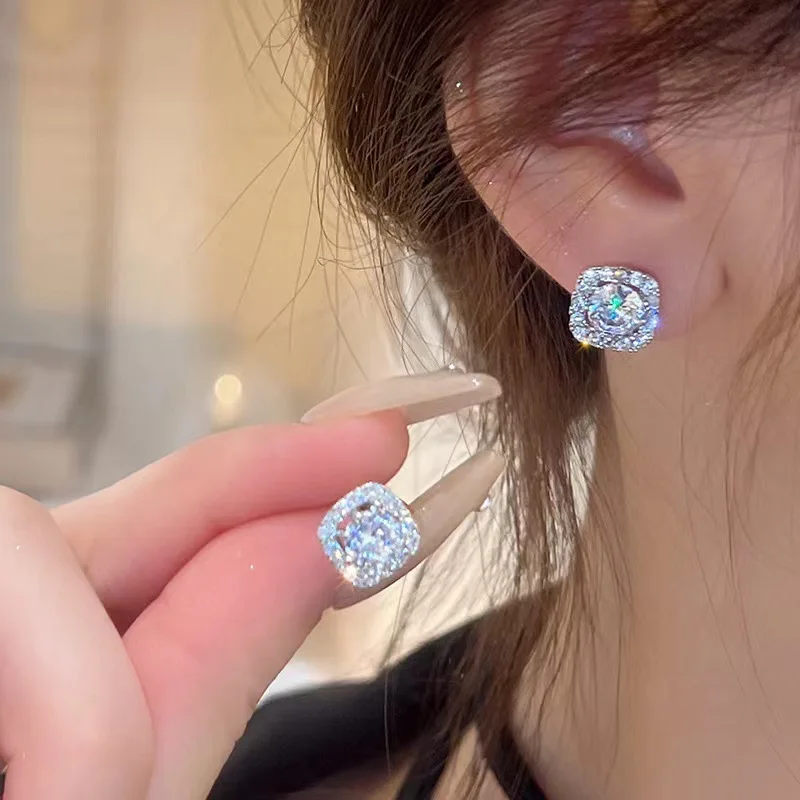 Glänzende Imitations-Zirkon-Legierung Ohrringe Quadratisch Große Runde Glasrhinesteine Damen Leichter Luxus Eleganter Schmuck