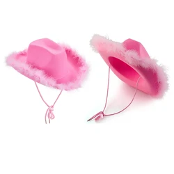 Casual Pink Cowgirl Hat Western Cowboy Hat Fluffy Feather Brim Cowboy Hat All-match for Themed Birthday Party Photo Prop