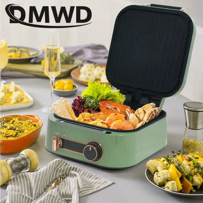 DMWD Multifunction Electric Hot Pot Cooking Skillet Barbecue Machine Crepe Maker Pancake Pizza Baking Pan BBQ Steak Frying Grill